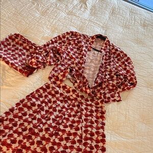 Red and White Floral Set - split pants, wrap top and scarf